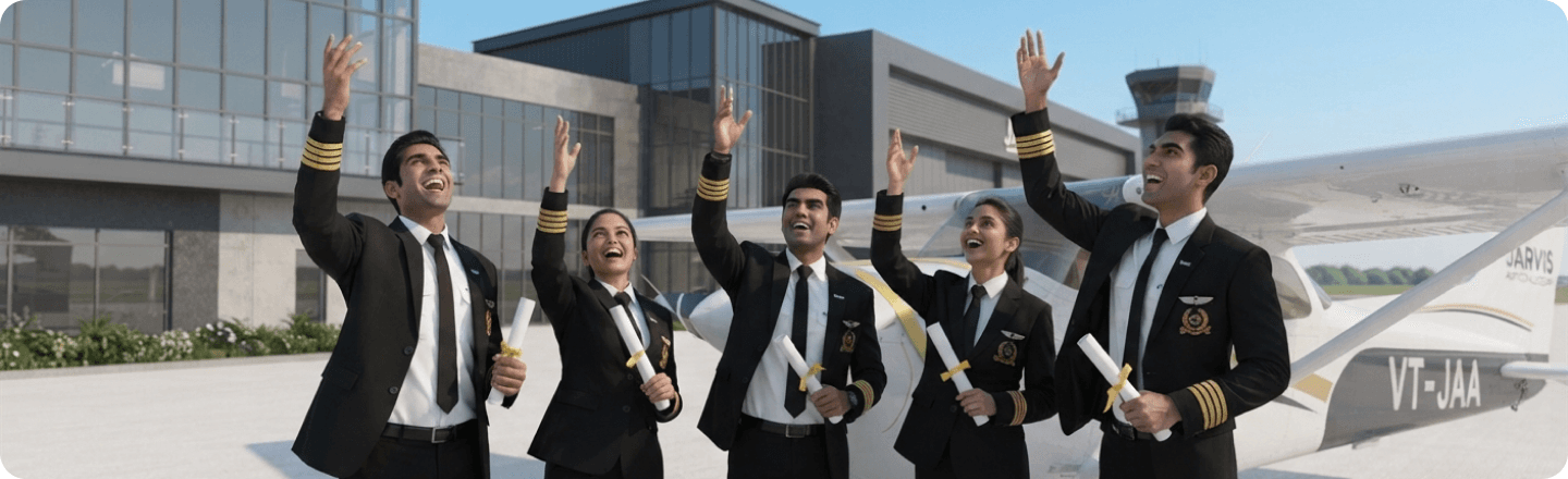 Graduating Jarvis cadets celebrating on the apron at Rajahmundry Airport